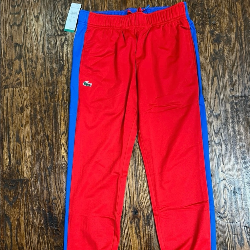 Lacoste Red and Blue Joggers with Athletic Stripes